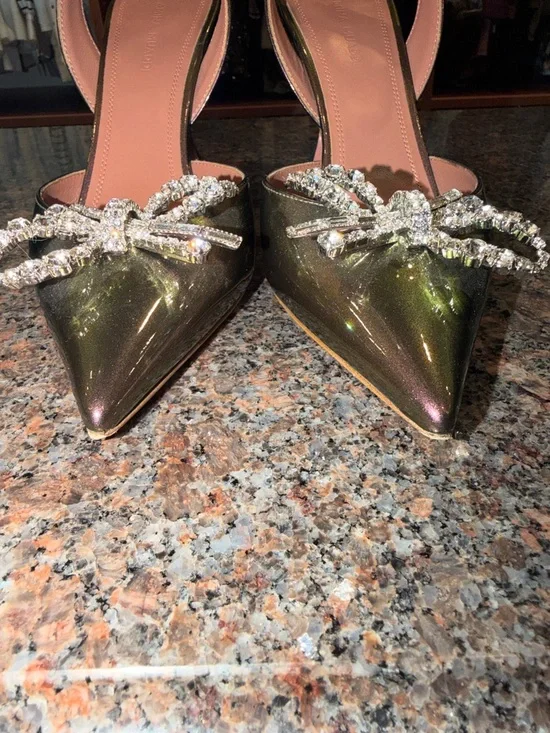 Amina Muaddi Iridescent Pink-Green Slingback Pumps with Crystal Bow - Picture 4 of 8